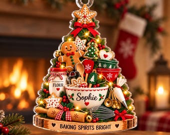 Personalized Baker Christmas Ornament, Custom Name Acrylic Tree, Baking Lover Gift, Baking Spirits Bright Holiday Keepsake