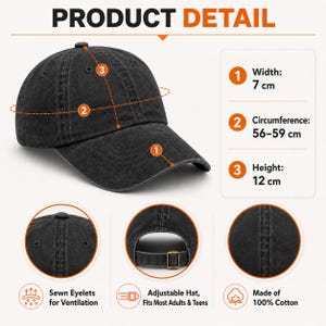 May include: A charcoal black baseball cap with a curved brim, featuring a 7 cm wide brim, a 56-59 cm circumference, and a 12 cm height. The cap includes sewn eyelets for ventilation, an adjustable strap with a metal buckle, and is made of 100% cotton.