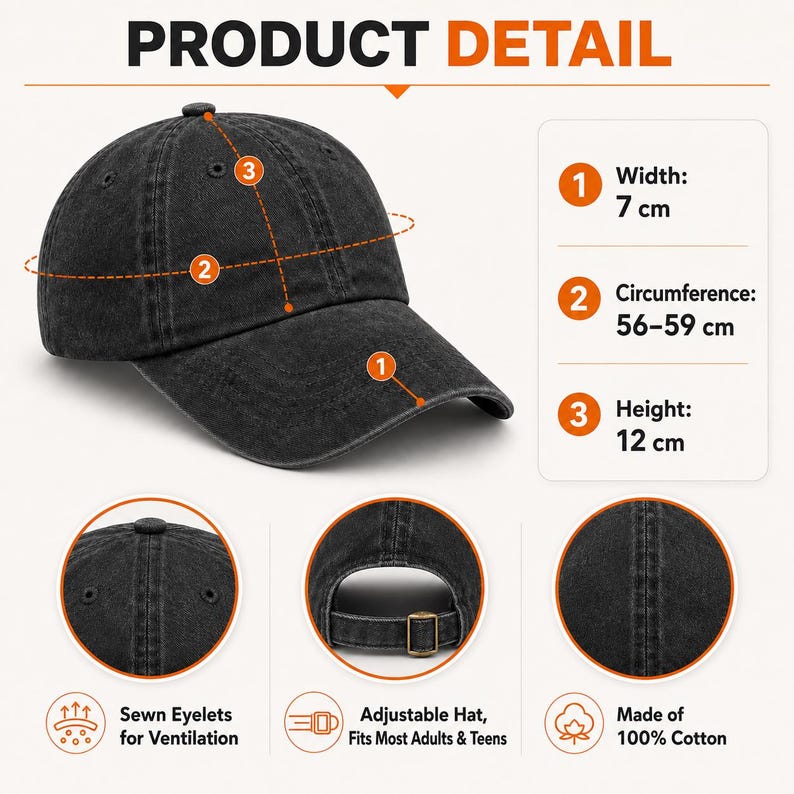 May include: A charcoal black baseball cap with a curved brim, featuring a 7 cm wide brim, a 56-59 cm circumference, and a 12 cm height. The cap includes sewn eyelets for ventilation, an adjustable strap with a metal buckle, and is made of 100% cotton.