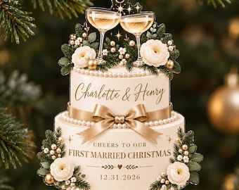 Personalized First Christmas Married Ornament, Custom Wedding Cake Acrylic Ornament, Newlywed Couple Gift, Champagne Toast Keepsake