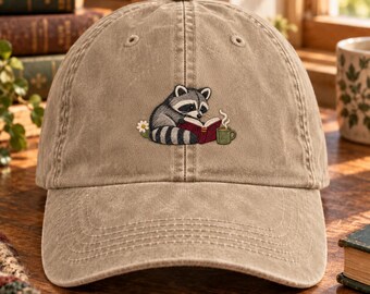 Reading Raccoon Embroidered Hat, Cute Book Lover Baseball Cap, Cozy Coffee Dad Hat, Librarian or Reader Gift