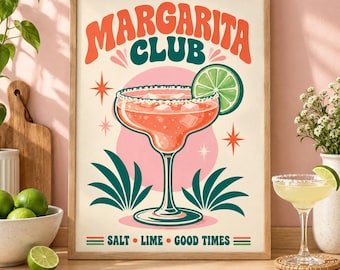 Retro Margarita Poster, Margarita Canvas Wall Art, Cocktail Bar Decor, Pink Kitchen Print, Tequila Lime Gift for Her