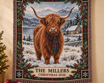 Personalized Highland Cow Woven Blanket, Custom Family Name and Year, Scottish Christmas Throw, Rustic Farmhouse Holiday Gift