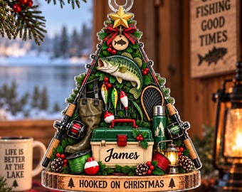 Personalized Fishing Christmas Ornament, Custom Name Acrylic Tree, Fisherman Gift, Hooked on Christmas Holiday Keepsake