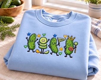 Funny Pickle Embroidered Sweatshirt, Cute Pickle King Crewneck, Crunchy Food Lover Sweater, Dill Pickle Gift