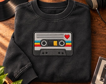 Retro Cassette Embroidered Sweatshirt, Vintage Mixtape Pullover, 80s Music Lover Gift, Nostalgic Tape Crewneck