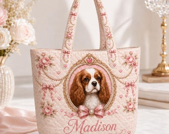 Personalized Dog Mom Tote Bag, Custom Pet Portrait Quilted Tote, Cavalier King Charles Bag, Custom Name Dog Lover Gift, Floral Dog Tote