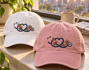 Floral Stethoscope Embroidered Hat, Vintage Washed Nurse Cap, Healthcare Worker Gift, Nursing Graduation Gift