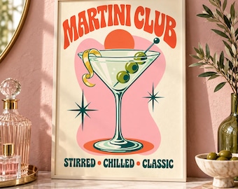 Retro Martini Poster, Martini Canvas Wall Art, Cocktail Bar Decor, Mid Century Kitchen Print, Olive Drink Gift for Her