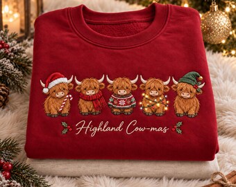Highland Cow Christmas Embroidered Sweatshirt, Cute Cowmas Holiday Sweater, Festive Farm Animal Gift for Cow Lover