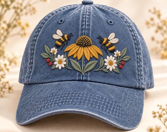 Embroidered Bee and Wildflower Hat, Botanical Coneflower Baseball Cap, Cottagecore Garden Gift, Nature Lover Dad Hat