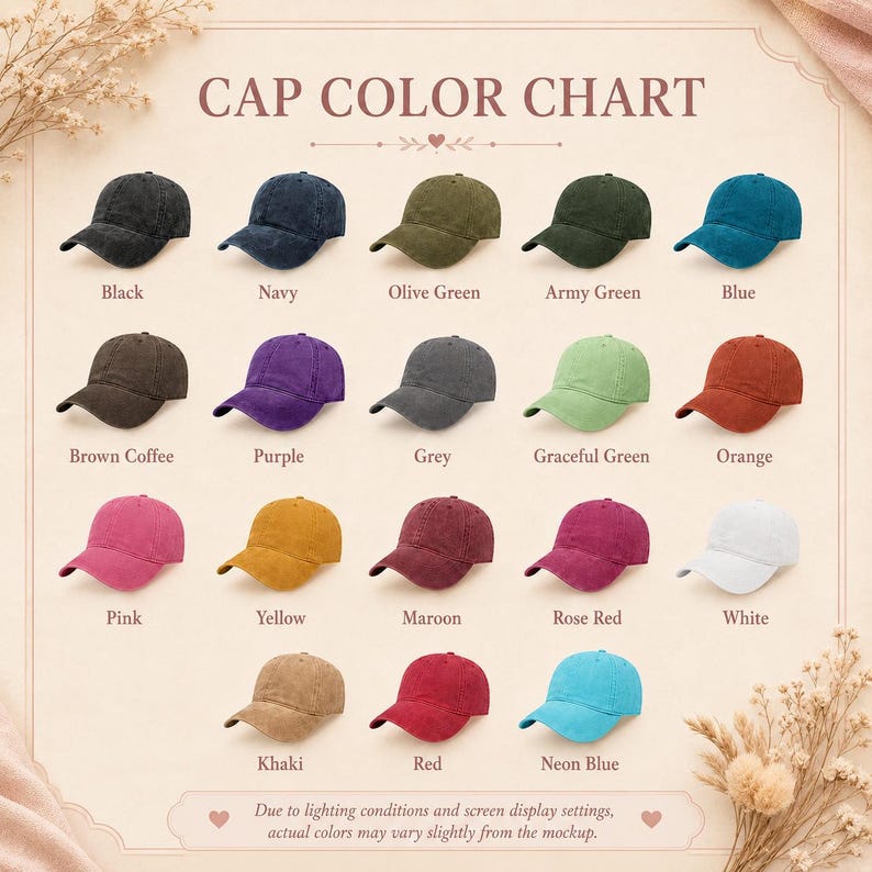 May include: A cap color chart displaying nineteen baseball caps in various colors including black, navy, olive green, army green, blue, brown coffee, purple, grey, graceful green, orange, pink, yellow, maroon, rose red, white, khaki, red, and neon blue.