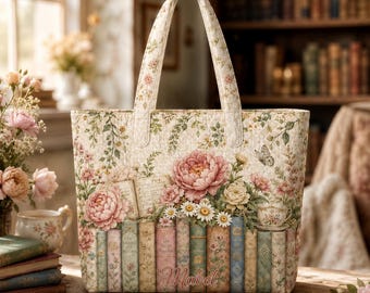 Personalized Floral Book Tote Bag, Custom Name Quilted Tote, Vintage Peony Bookish Bag, Cottagecore Library Tote, Gift for Reader Mom