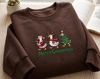 Merry Goosemas Embroidered Sweatshirt, Funny Christmas Goose Sweater, Cute Holiday Animal Shirt, Festive Gift for Goose Lover