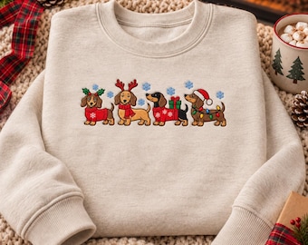 Christmas Dachshund Embroidered Sweatshirt, Cute Wiener Dog Holiday Sweater, Festive Sausage Dog Gift for Dog Mom