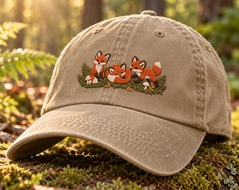 Woodland Fox Embroidered Hat, Cute Fox Family Baseball Cap, Cottagecore Forest Dad Hat, Nature and Animal Lover Gift