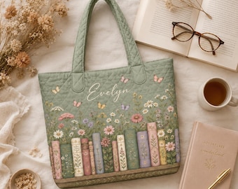 Personalized Book Lover Gift Tote Bag, Custom Name Vintage Literary Bag, Cottagecore Quilted Tote, Perfect Birthday Gift for Readers