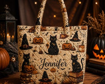Personalized Black Cat Halloween Tote Bag, Custom Name Witch Cat Bag, Spooky Pumpkin Quilted Tote, Halloween Gift For Her, Cat Lover Bag