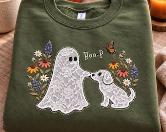 Lace Applique Ghost and Dog Sweatshirt, Cute Halloween Embroidered Crewneck, Wildflower Pet Lover Gift, Boo-P Fall Pullover