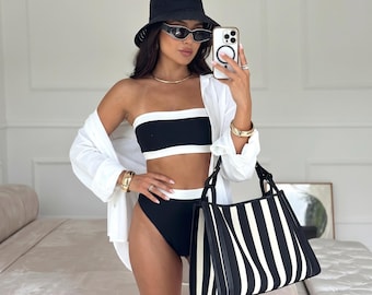 Bandeau Bikini Set, Contrast Trim, Low Waist Two Piece Swimwear, Beach Vacation Bag
