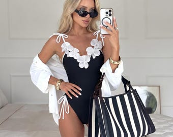 3D Floral One Piece Swimsuit, High Cut Monokini, Contrast Binding Beach Vacation Wear