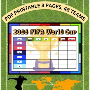 Könnte beinhalten: Ein druckbares 8-seitiges Turnier-Tracking-Dokument für die FIFA Fußball-Weltmeisterschaft 2026 mit 48 Teams. Es enthält eine Tabelle mit Spalten für Team, Gruppe, Spielergebnisse, Gesamtpunktzahl und Qualifikationsstatus auf grünem Hintergrund.