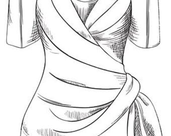 May include: A black and white line drawing of a blouse featuring short puffed sleeves, a sweetheart neckline with a wrap-style bodice, and a fabric tie detail at the waist. The illustration uses cross-hatching to show texture and depth.