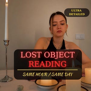May include: A tall silver candlestick with a lit white taper candle, a white pillar candle in a small bowl, and a person holding a deck of cards. Text overlays read ULTRA DETAILED, LOST OBJECT READING, and SAME HOUR / SAME DAY.