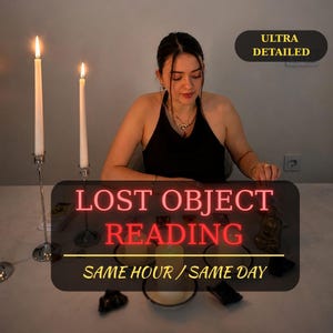 May include: A black halter top worn by a person sitting at a table with two tall white candles in silver holders, a small Buddha figurine, and several tarot cards. The text reads LOST OBJECT READING, ULTRA DETAILED, SAME HOUR / SAME DAY.