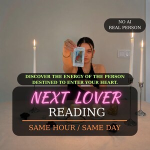 May include: A tarot card reading service featuring three white taper candles in silver holders and text that reads NO AI REAL PERSON, DISCOVER THE ENERGY OF THE PERSON DESTINED TO ENTER YOUR HEART, NEXT LOVER READING, and SAME HOUR / SAME DAY.