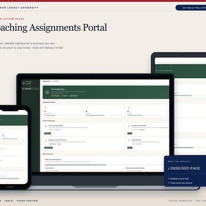 Könnte beinhalten: Eine digitale Coaching Assignments Portal-Oberfläche auf einem Laptop, Tablet und Smartphone. Das Design umfasst eine dunkelgrüne Kopfzeile, einen weißen Hintergrund und organisierte Aufgabenbereiche. Text: Your Legacy University und 1 Designed Page.