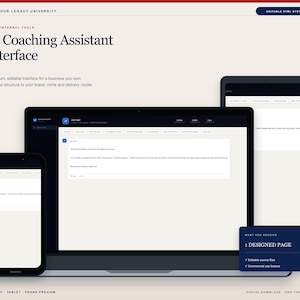 Peut inclure: Une interface numérique pour un assistant de coaching IA affichée sur un ordinateur portable, une tablette et un smartphone. La mise en page présente des tons bleu foncé et blanc avec des en-têtes incluant Your Legacy University et AI Coaching Assistant Interface.