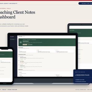 May include: A digital Coaching Client Notes Dashboard interface displayed on a laptop, tablet, and smartphone. The design features a dark green header with client details, a timeline of notes, and input fields. Text includes Your Legacy University.