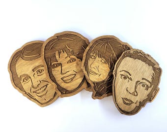 Wooden Coasters Set of 4 Three's Company Cast: Jack, Chrissy, Janet & Mr. Furley Roper Romp Cocktail Coaster Party Favor Roper Party