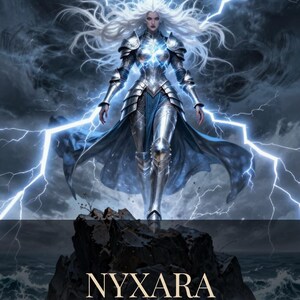 May include: A digital illustration of a figure in silver plate armour with long white hair and a crown, standing on a dark rock amidst a stormy sea with lightning. The text reads NYXARA THE STORMBOUND QUEEN in gold lettering at the bottom.