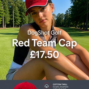May include: A red baseball cap featuring a black and white trim along the brim and a black embroidered logo on the front that reads DSG DogShot Golf. The cap includes a rip strip adjuster at the back and embroidered ventilation eyelets.