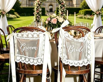 Placa de renda para cadeira de casamento, decoração para assento dos noivos, ornamento para cadeira de casamento, marcador de assento para recepção, adereço para decoração da mesa principal.