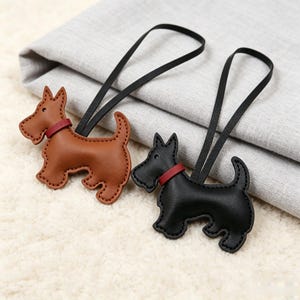 Personalized Scottie Dog Leather Charm, Hand-Stitched Scottish Terrier Bag Ornament, Custom Initials Puppy Gift