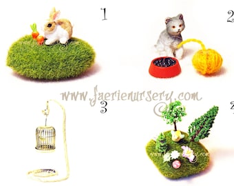 PETS - Magical Faerie Trinket Chest, Fairy, Fay, Green Grass, OOAK, Miniatures, Cat, Rabbit, Bunny, Bird, Carrot, Trees, Bird Cage, Mushroom