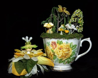 Faerie Jami and her Teacup Nursery, Fairy, OOAK, Flowers, Diorama