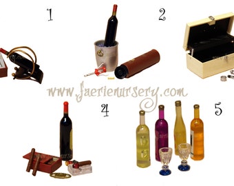 WINE - Magical Faerie Trinket Chest, Fairy, Taste Testing, OOAK, Miniature, Cork, Bottle, Glasses, Cork Screw, Cigar, Ice Bucket, Stopper