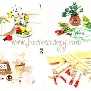 Könnte beinhalten: Vier Miniatur-Gartensets mit Werkzeugen, Pflanzen und Zubehör. Set 1 enthält einen Blumenstrauß, Gemüse und einen Marienkäfer. Set 2 zeigt eine blaue Blumenarrangements in einem Topf, Gartenscheren und einen grünen Schlauch. Set 3 hat einen Sack Torf, eine Topfpflanze und rosa Blumen. Set 4 beinhaltet eine Holzplanke, Zangen, einen Schraubenschlüssel, einen Hammer und Nägel.