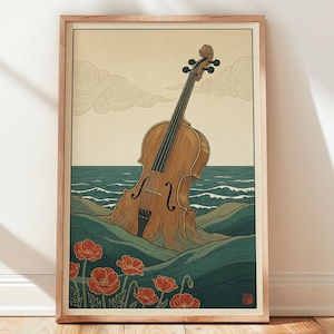 May include: A framed art print featuring a brown violin emerging from a dark green sea with rolling waves. The background shows a beige sky with stylized line-drawn clouds. In the foreground, several bright red poppy flowers are visible.
