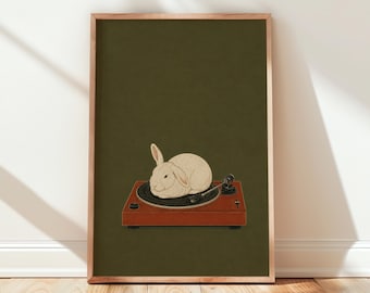Rabbit on Turntable Print, Funny Bunny Wall Art, Music Lover Gift