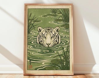 White Tiger Swimming in Lotus Pond Japanese Woodblock Style Art Print | Green Nature Wildlife Wall Art