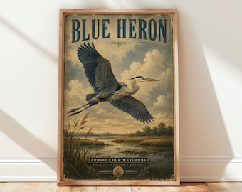 Blue Heron Vintage Poster, Wetlands Wildlife Print, Rustic Bird Wall Art