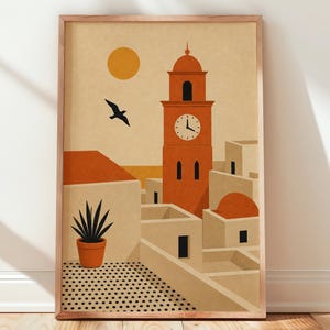 Mediterrane Uhrturm-Kunst, Boho-Reise-Druck, Terrakotta-Wanddekoration