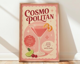 Cosmopolitan Cocktail Print, Retro Bar Cart Wall Art, Pink Kitchen Decor