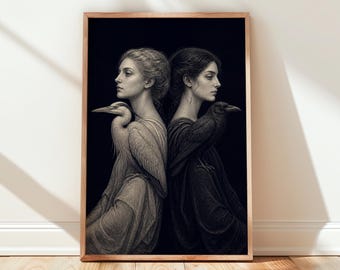 Two Women with Heron and Raven Dark Figurative Portrait, Gothic Duality Art Print, Black and White