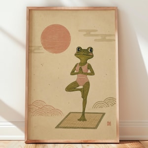 Frog Tree Pose Print, Yoga Frog Wall Art, Japanese Style, Zen Home Decor